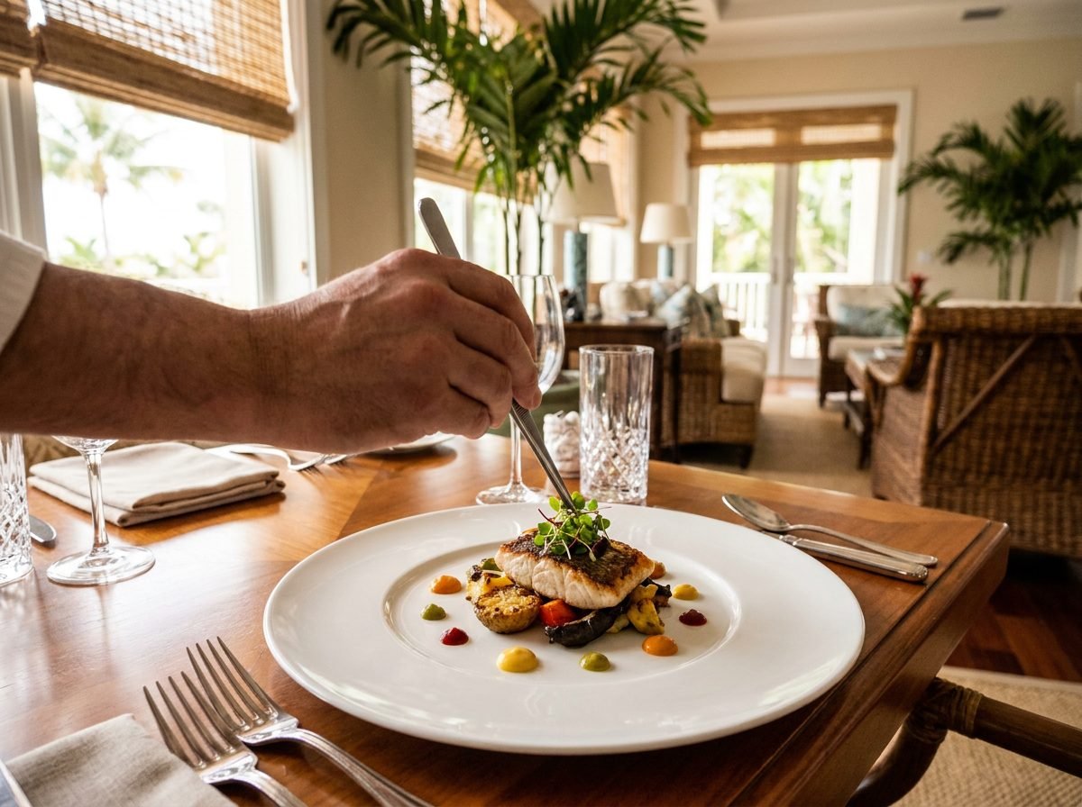 Private chef plating a gourmet dish at home